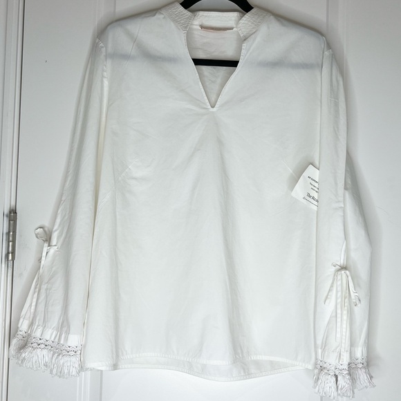 Tory Burch Sophie Fringe-Trim Bell Sleeve Top White Size 6 Designer Cloud Dancer - Picture 3 of 15